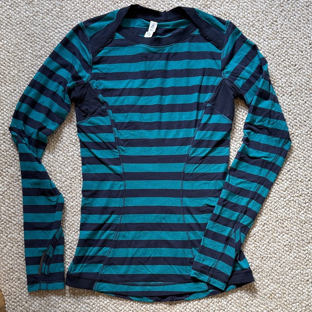 Lululemon Athletica Teal and Navy Striped Long-sleeved Top